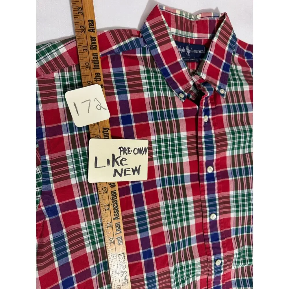 Polo Ralph Lauren Red Blue Green Checkers Button Down Shirt Large 100% Cotton